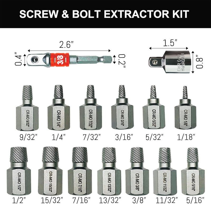 NORTOOLS 15PCS CR-MO Screw Extractor Set – 3/8" Hex Drive Multi-Spline Easy-Out Kit for Broken, Stripped, Rounded Screws/Bolts, Broken Bolt Remover，Includes Adapter & Blow-Molded Case (1/8"-1/2") - Image 2